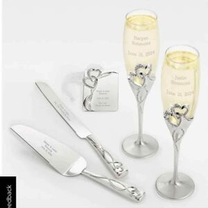 Intertwined Hearts Wedding Champagne Flutes, Cake knife and Server, and Ornament